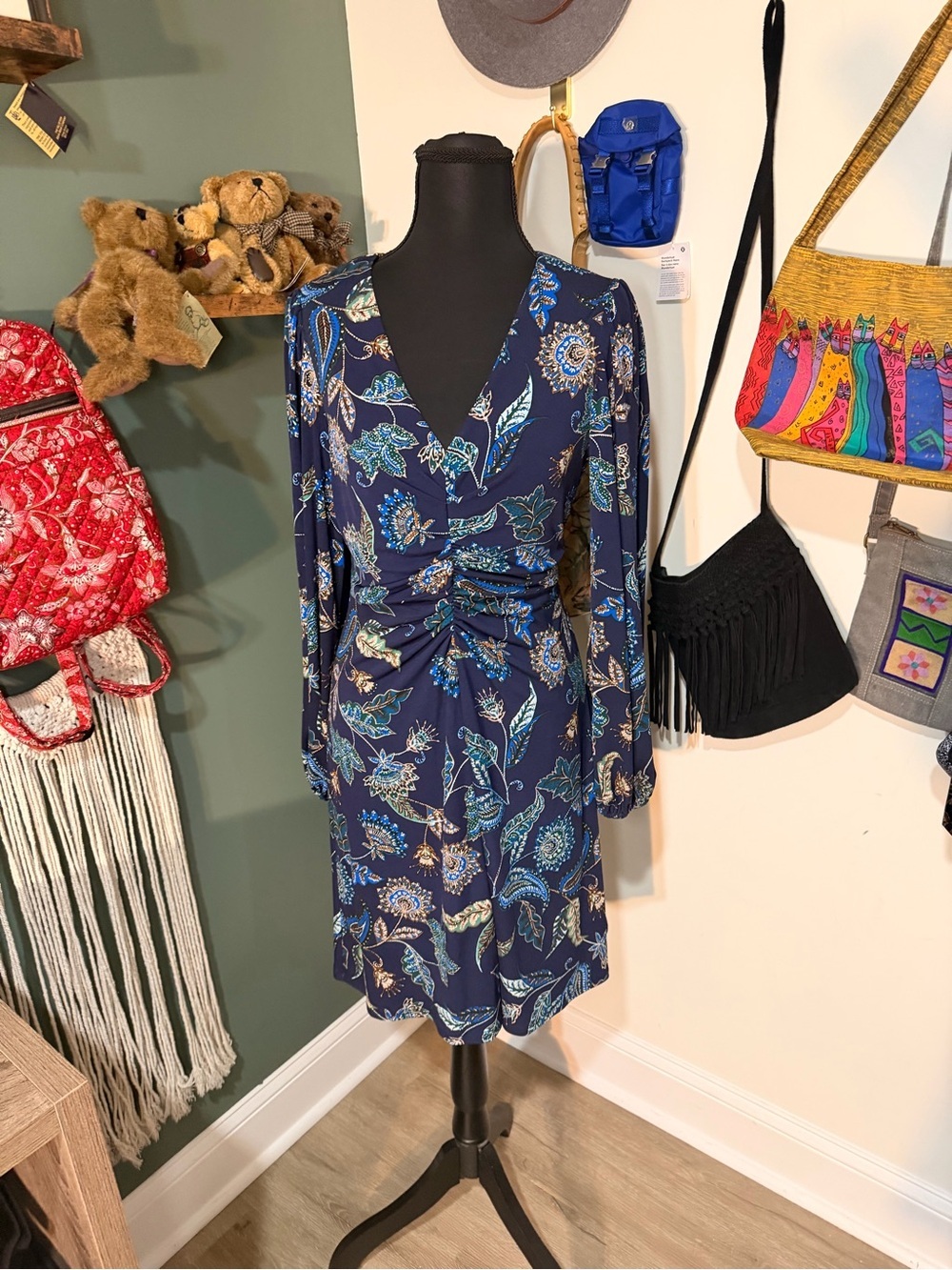 Vince Camuto Blue Paisley Floral Ruched Dress | Size 4 | Boho Chic